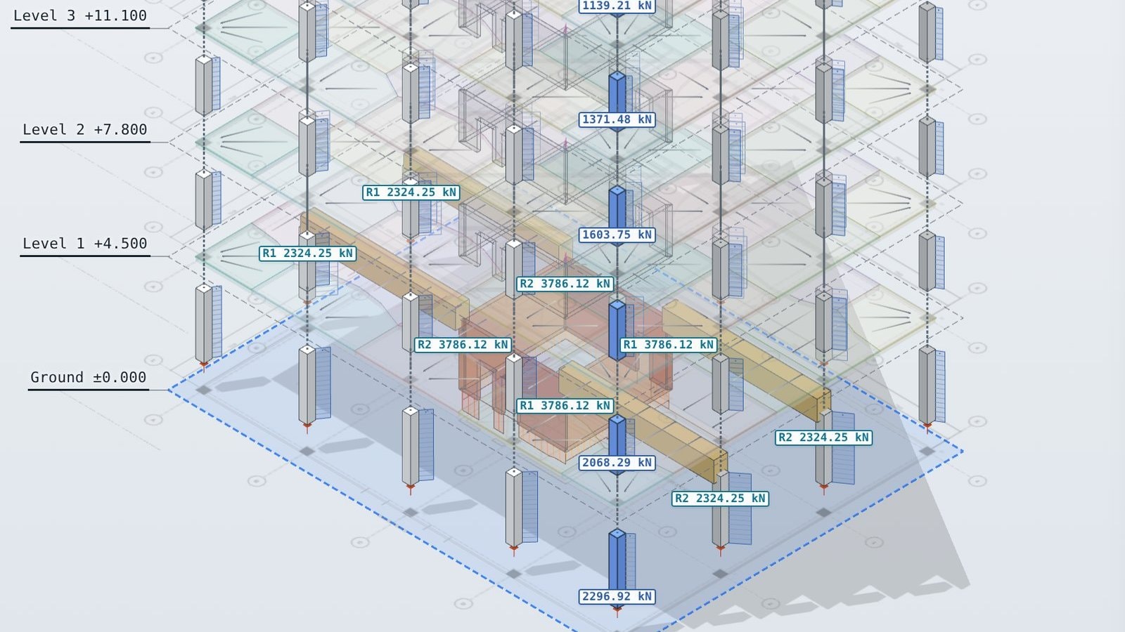A concrete tower in LoadTakedown's 3D view, with the load in one column labelled at every storey and transfer beam reactions at the lower levels