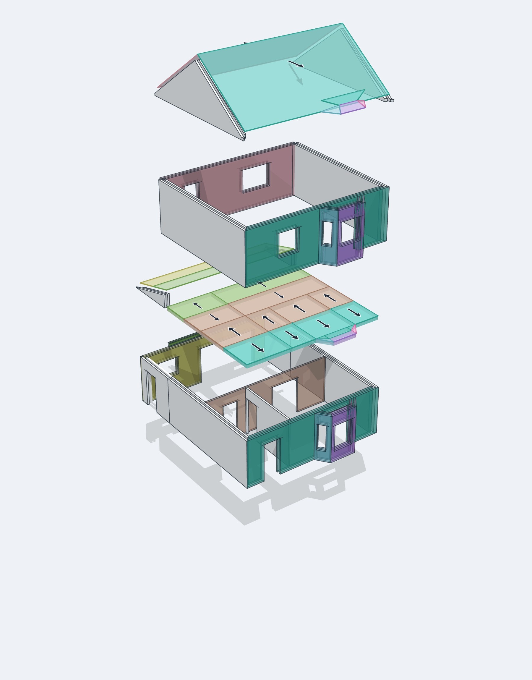 The example house pulled apart storey by storey, each floor's tributary areas coloured to match the wall below