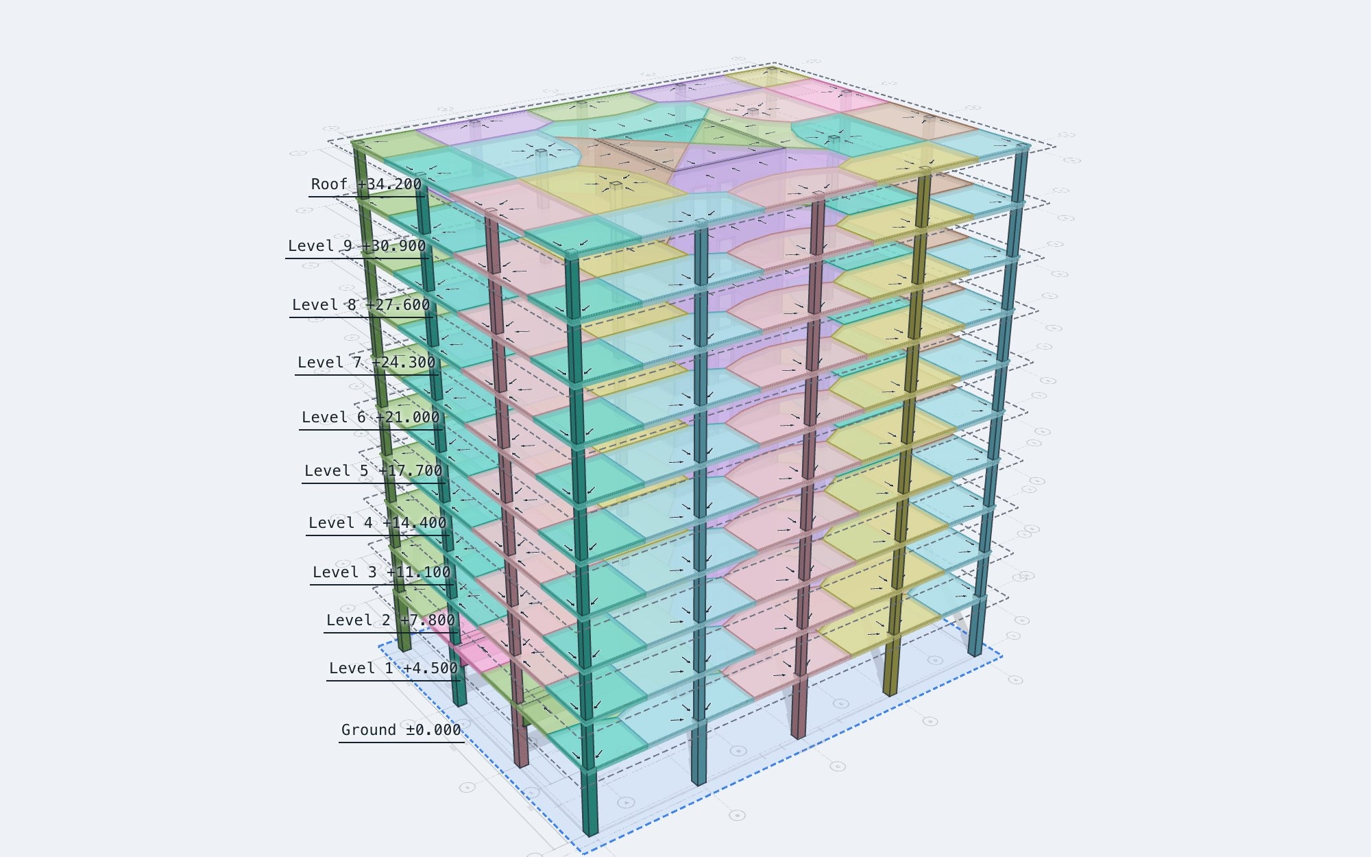 The example tower pulled apart storey by storey, each slab's tributary areas coloured to match the column or wall it loads