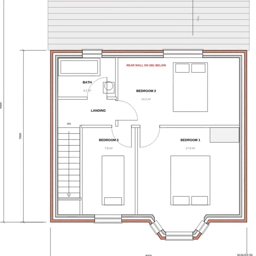 The first-floor plan of the example house, as the architect drew it