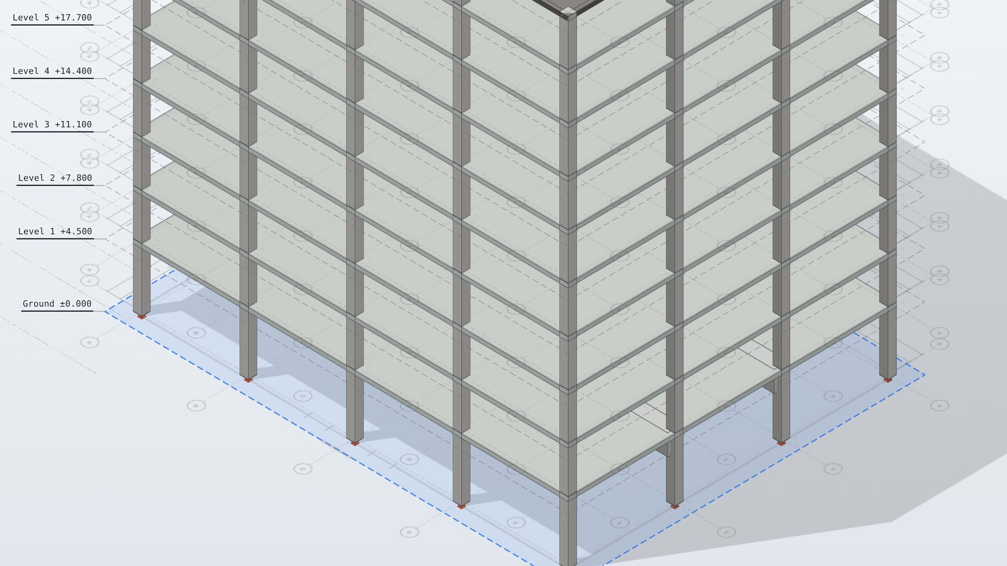 The lower storeys of the example concrete frame in 3D: slabs, columns and beams