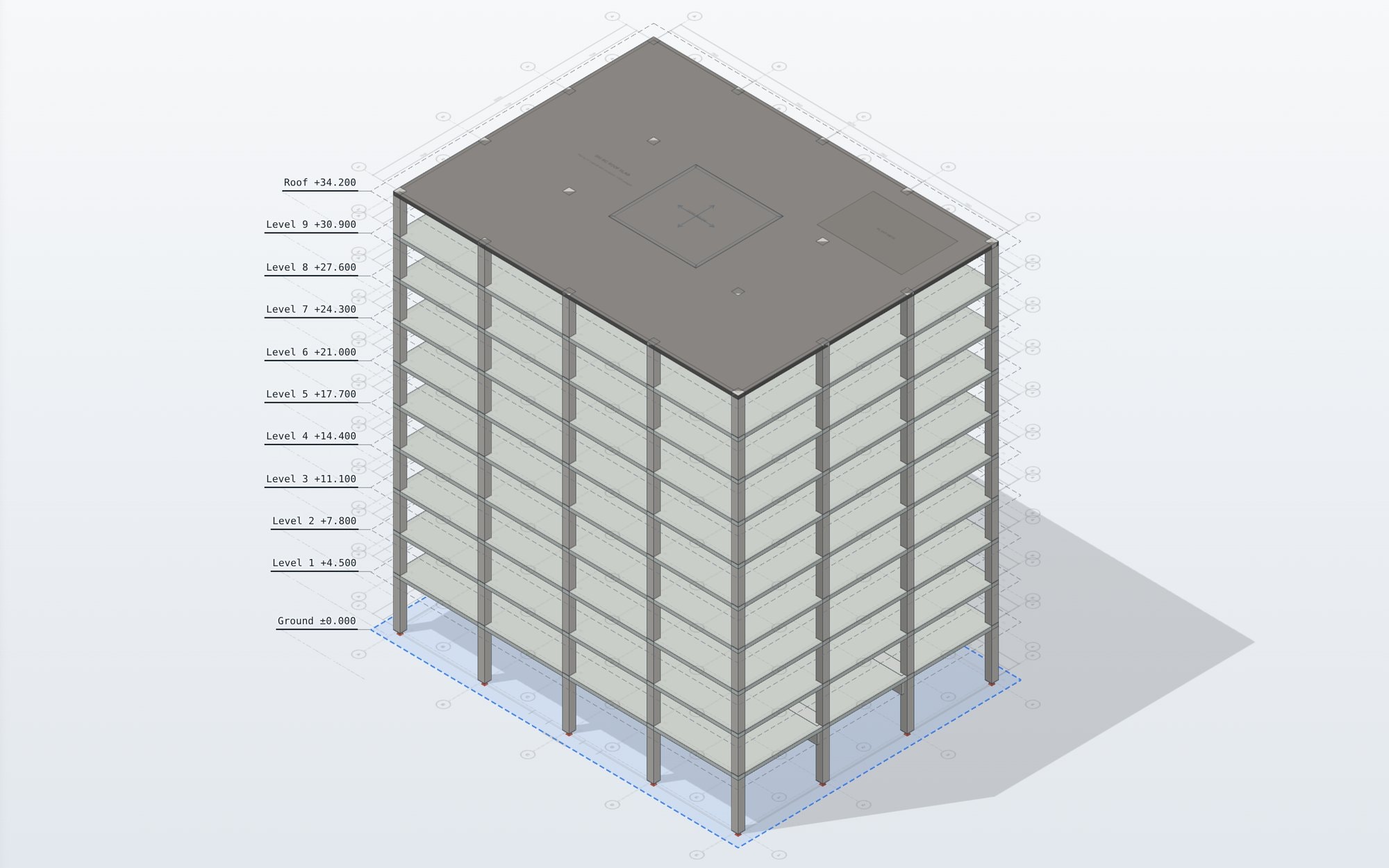 The example ten-storey concrete frame in LoadTakedown, in 3D