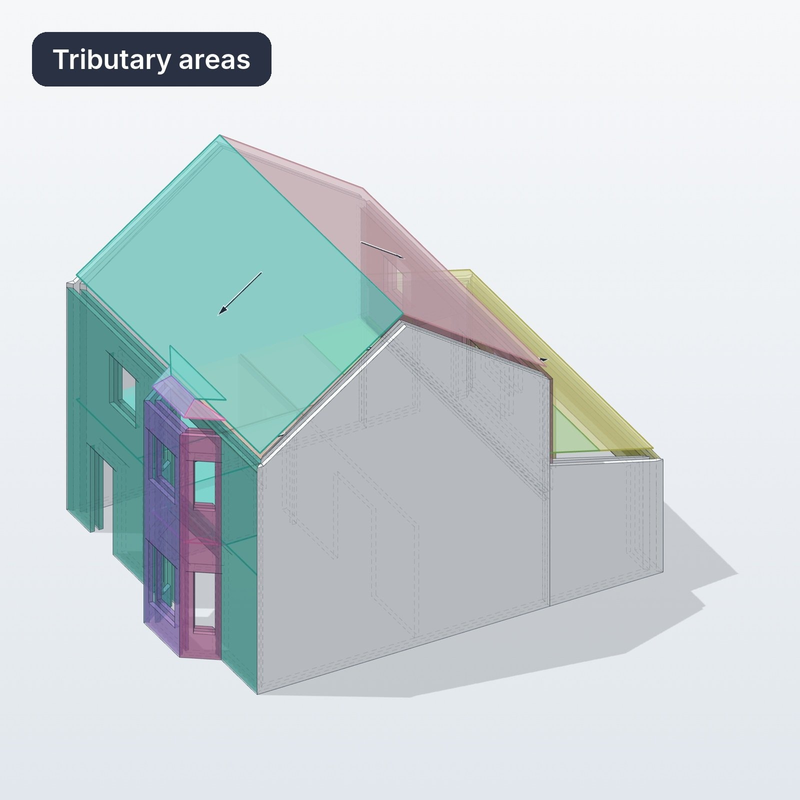 The example house turning slowly in 3D, showing how each floor and the roof span onto the walls below