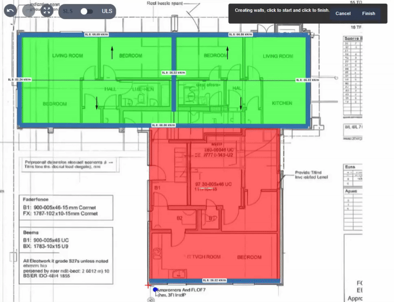 LoadTakedown demo showing walls and floors sketched on a PDF plan with tributary loads per wall