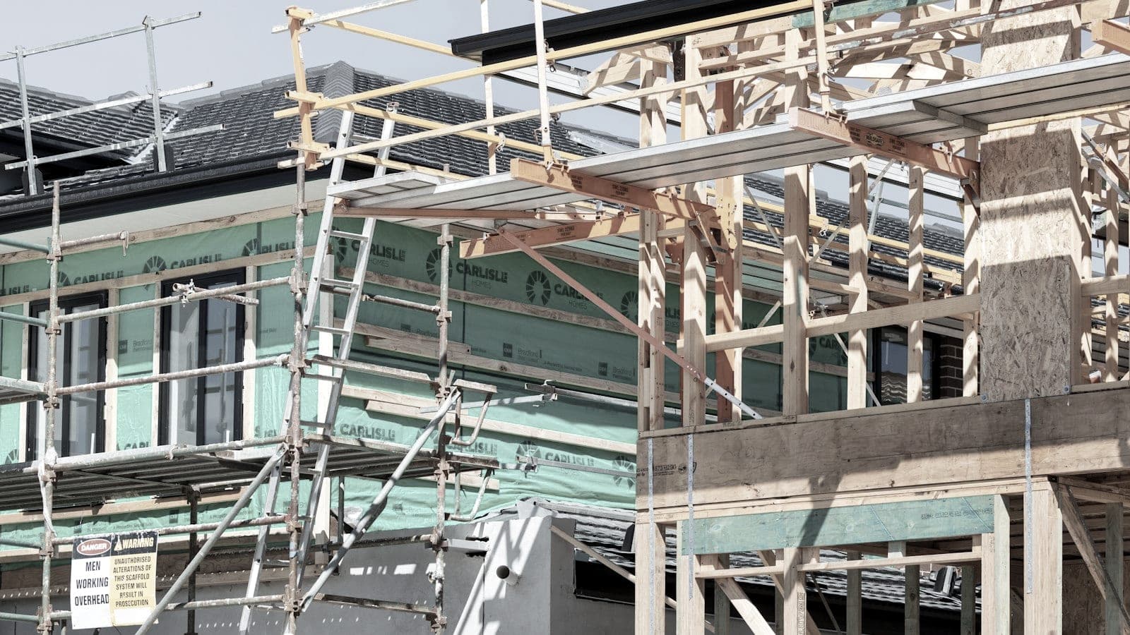 Timber roof trusses going up on a new house