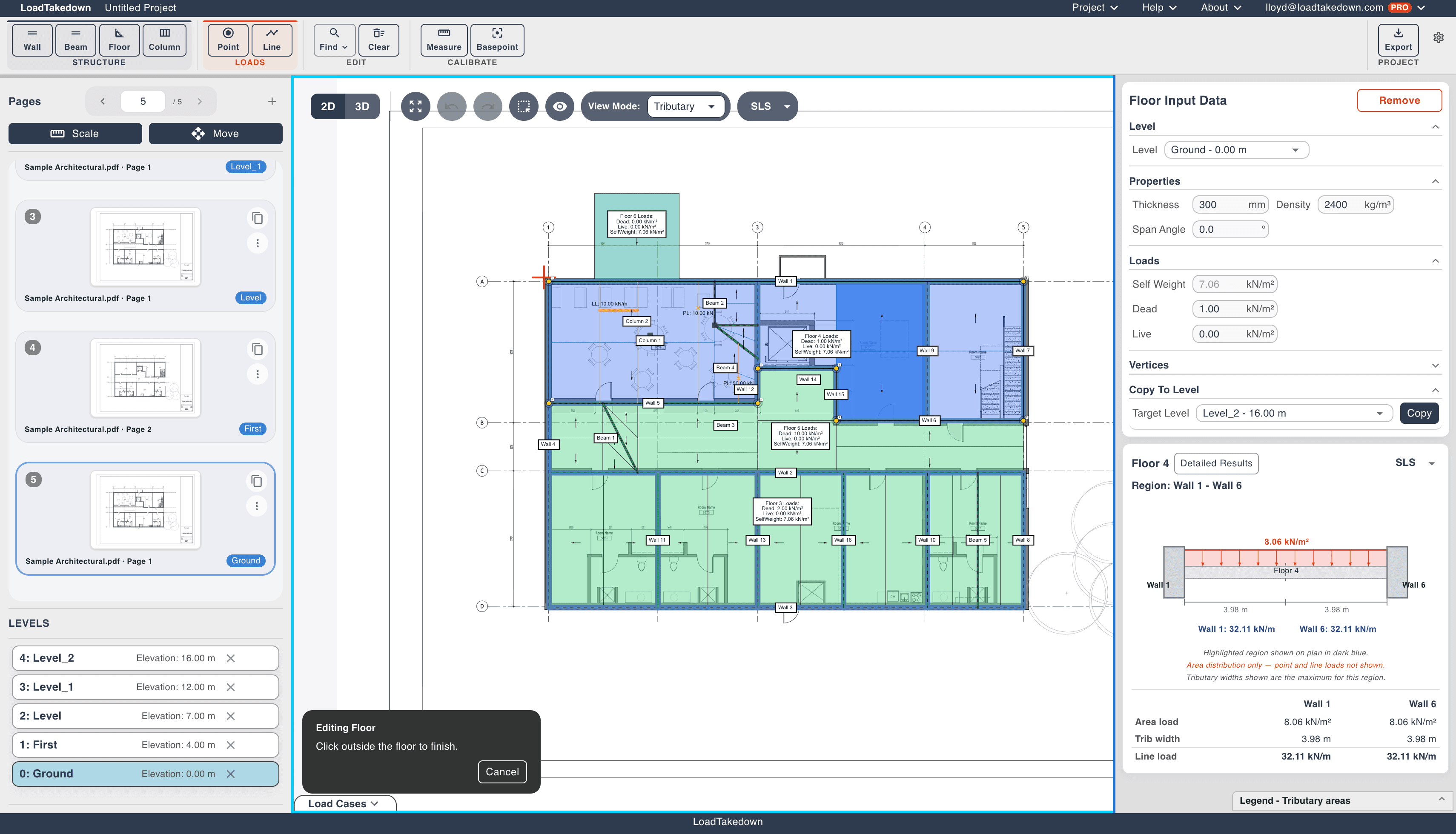 2D plan editor with floor selected and tributary area calculations