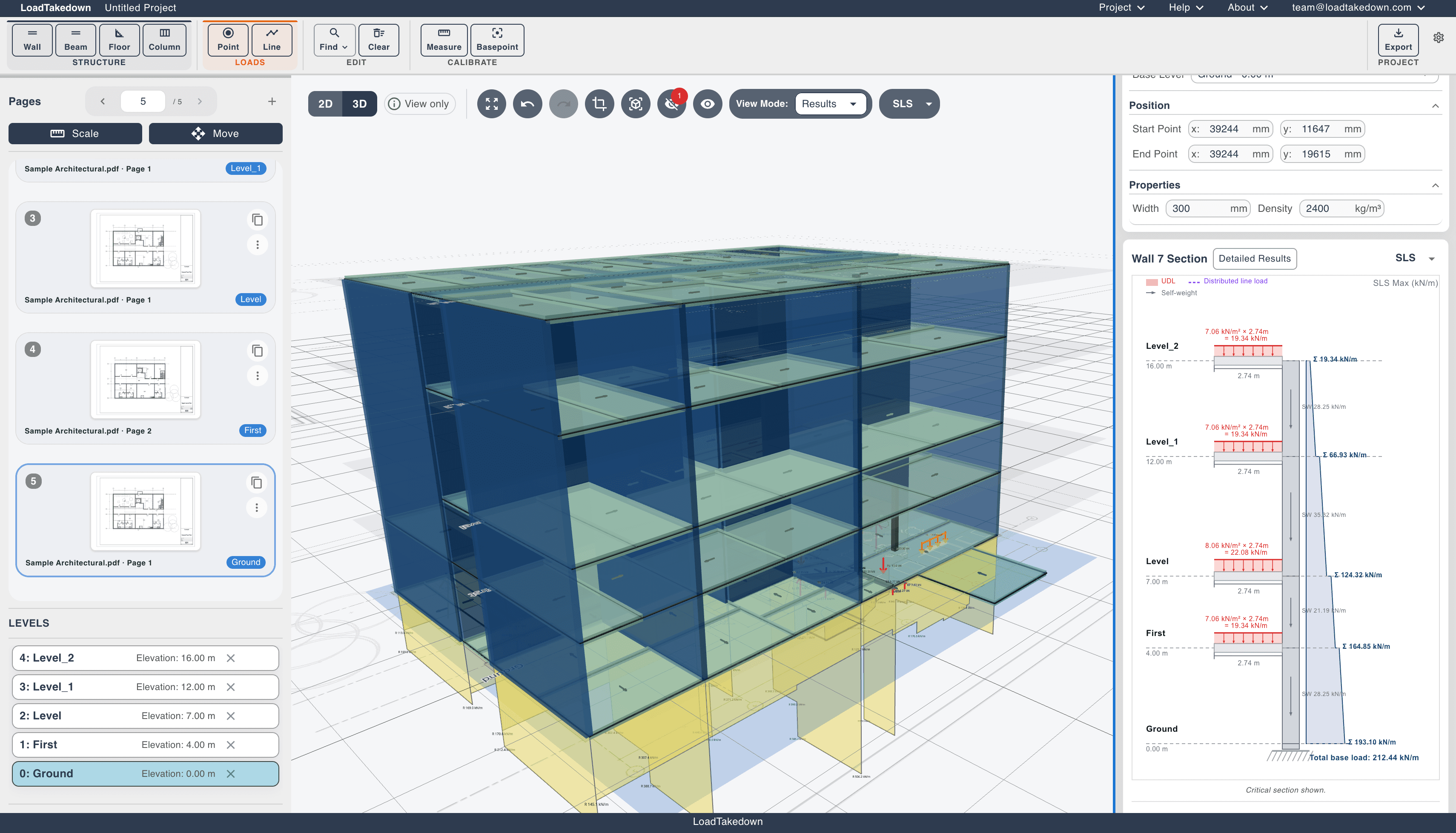 3D view of a two-storey building model in LoadTakedown