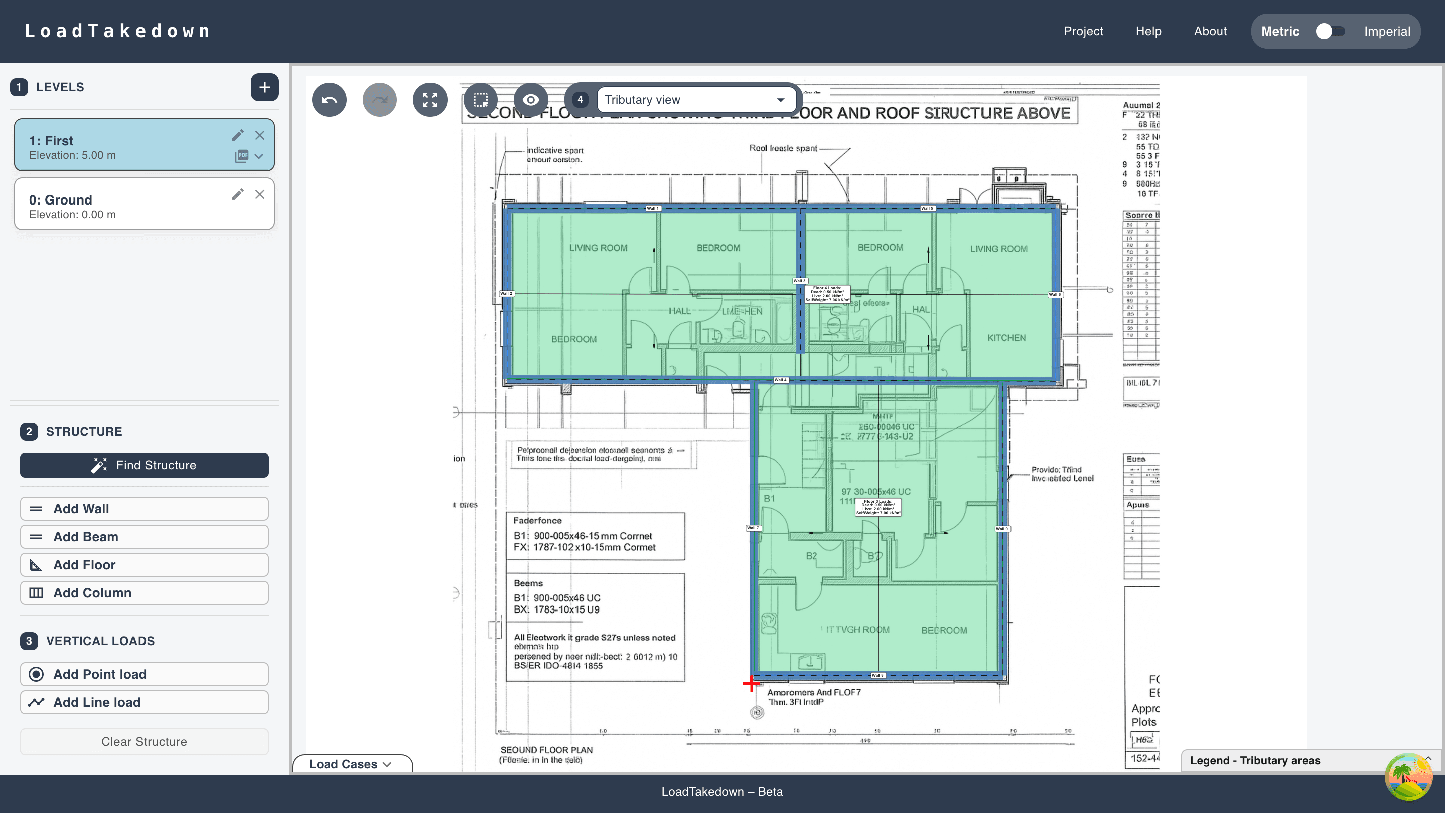 LoadTakedown example project showing tributary areas on a plan